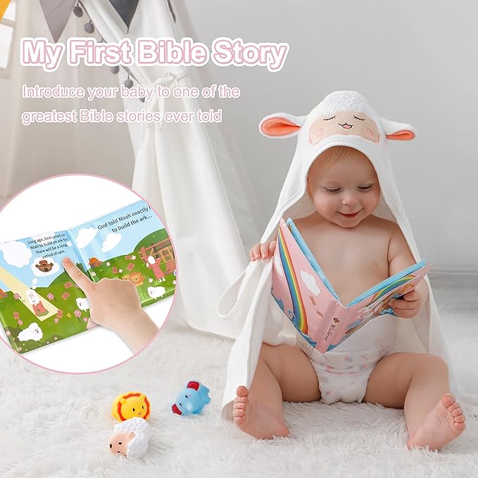 My First Noahs Ark 7 pcs Baptism Gift Set, Dedication, Christening and Baptism Gifts for Girl and Newborn Baby, Includes Washcloth and Hooded Towel,Baby Bath Book, 3 Bath Toys and Gift Bag