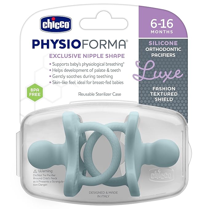 Chicco PhysioForma Luxe Orthodontic Pacifier, 6-16m | 100% Soft Silicone | Supports Breathing & Oral Development | Textured Shield & Handle | Includes Sterilizing Case | BPA Free | Coastal Blue, 2pk