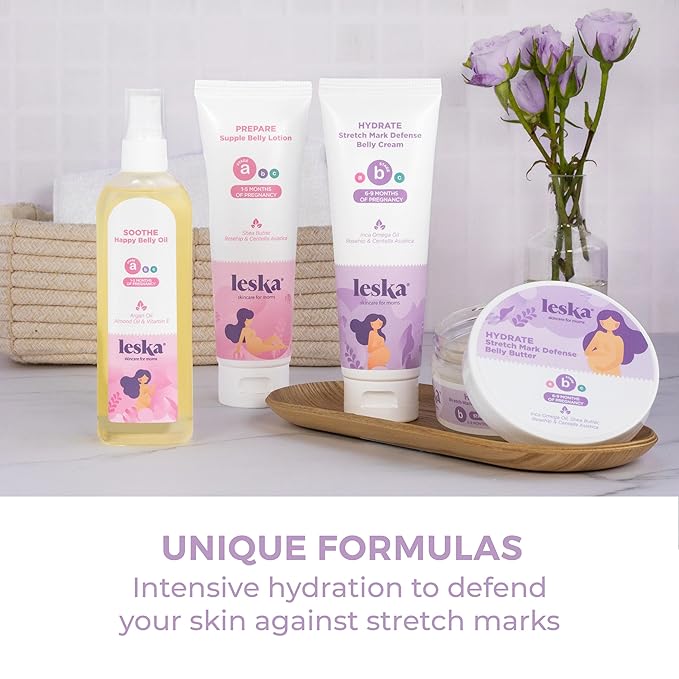 Leska Pregnancy Stages A & B Set | Belly Lotion, Belly Oil, Stretch Mark Defense Cream & Butter | Pregnant Mom Months 1-9 | Part of a Complete 3-Stage Pregnancy Skincare System (Set of 4, 4-4.93oz)