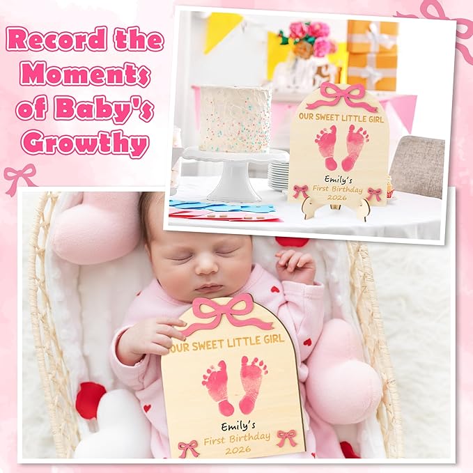 R HORSE 3D Pink Bow Baby's First Birthday DIY Footprint or Handprint Art Sign, Our Sweet Little Girl Wooden Hanging Decoration, Newborn Keepsake Gift for Baby Girl 1st Birthday Baby Shower Photo Prop