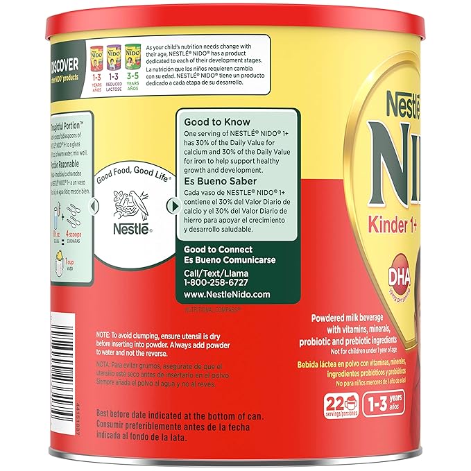 NESTLE NIDO Kinder 1+ Powdered Milk Beverage, 1.76 lb. Canister (Pack of 2)