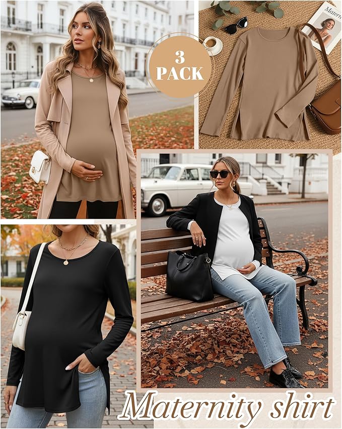 Riyiper 3 Pack Women's Maternity Long Sleeve T-Shirts Round Neck Side Split Tops Loose Casual Pregnancy Mama Clothes Fall