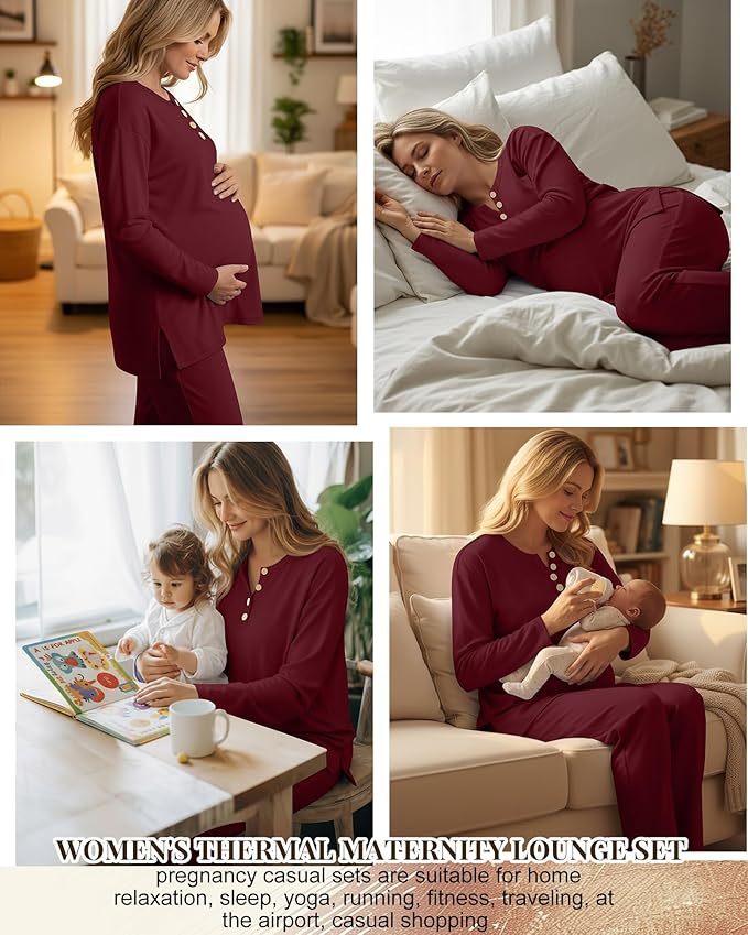 2 Piece Thermal Maternity Lounge Set Postpartum Pregnancy Fleece Loungewear Long Sleeve Top and Wide Leg Pant