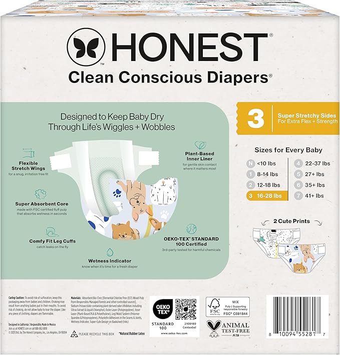 The Honest Company Comfort Dry Disposable Diapers for Sensitive Skin, Hypoallergenic, Fragrance-Free, Space Travel + It's a Pawty, Club Box, Size 3 (16-28 lbs), 62 Count