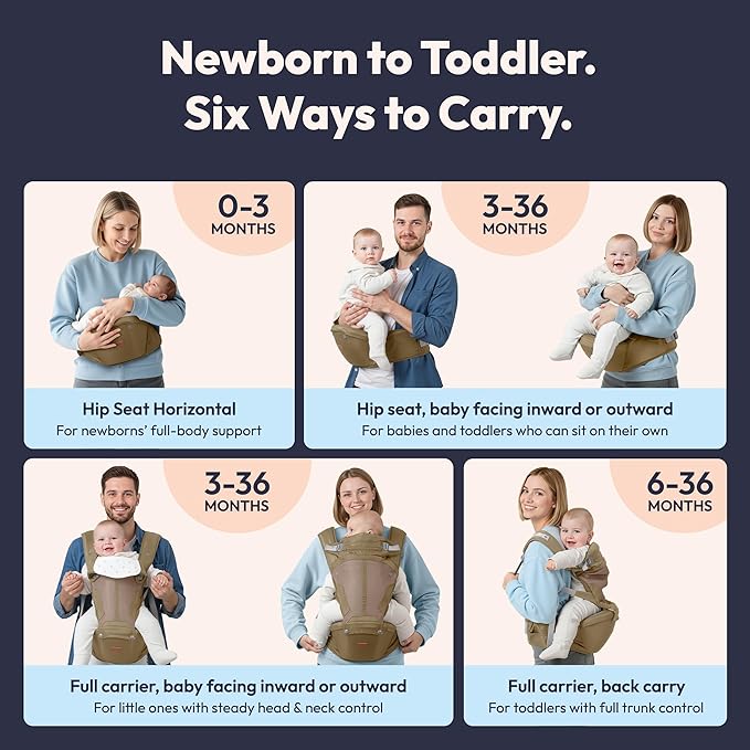 BabbleRoo Grow Carrier – Safety-Certified 6-in-1 Baby Carrier with Hip Seat, Ergonomic & Adjustable Toddler Carrier 7-50 lbs with Hip Support, Hood for Sun Protection, Newborn to Toddler, Warm Taupe