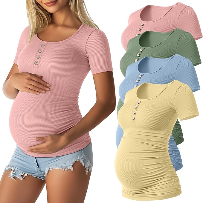 4 Pack Womens Maternity Shirts Scoop Neck Cotton Short Sleeve Ribbed Pregnancy Top Henley Side Ruched Mama Clothes