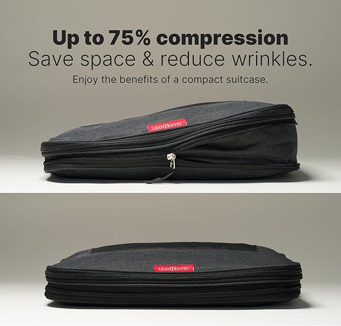 LeanTravel Premium Compression Packing Cubes for Travel - Luggage Organizers with Double Zipper - Sturdy Bags for Suitcase (4-Pack, Black)
