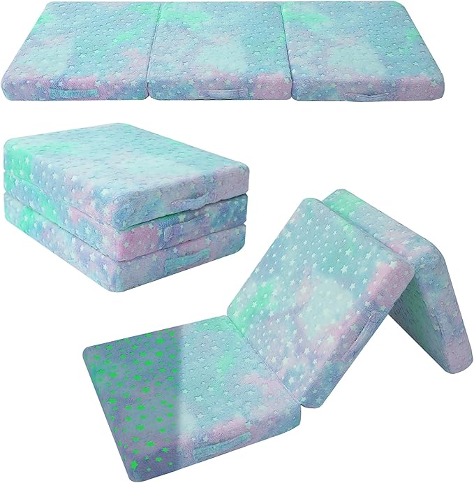 MeMoreCool Foldable Floor Mattress for Kids, Glow Star Trifold Mat, Kids Folding Mattress Portable Futon, 57x22 Inch Colorful