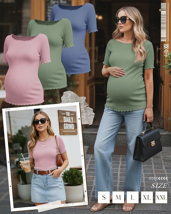 3 Pack Women's Maternity Ribbed Shirts Cotton Short Sleeve Pregnancy Tops Boat Neck Lettuce Trim Mama Clothes