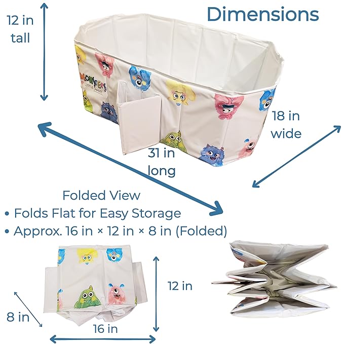OhSoBig Collapsible Toddler Baby Bathtub - Foldable Portable Tub for Shower & Home, Non-Slip Base with Cushioned Bottom, Drain Plug, Space-Saving & Travel Bath Tub