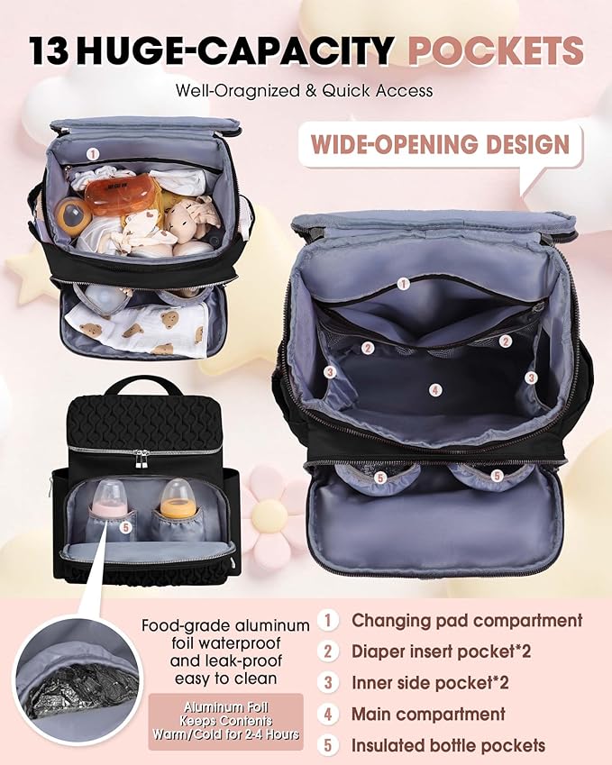 Baby Diaper Bag Backpack, Expandable Baby Bag for Girl Boy, Travel Diaper Backpack with Insulated Pocket, Changing Pad, Quilted Diaper Bag for Mom Dad, Newborn Baby Essentials Must Have Black