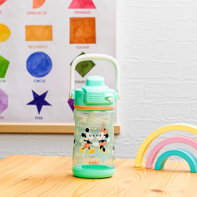 Zak Designs Disney Beacon Kid Water Bottle for Travel or At Home, 12oz Plastic is Durable and Leak-Proof with Liquid Lock Spout, Cover, Carry Handle, Protective Base (Mickey Mouse & Minnie Mouse)