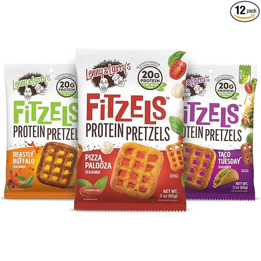 Lenny & Larry's FITZELS Protein Pretzels [GAME DAY Variety Pack] – 12 x 3oz Bags of High Protein Snacks with 20g Plant Based Protein – Incredibly Tasty with Salty Crunch