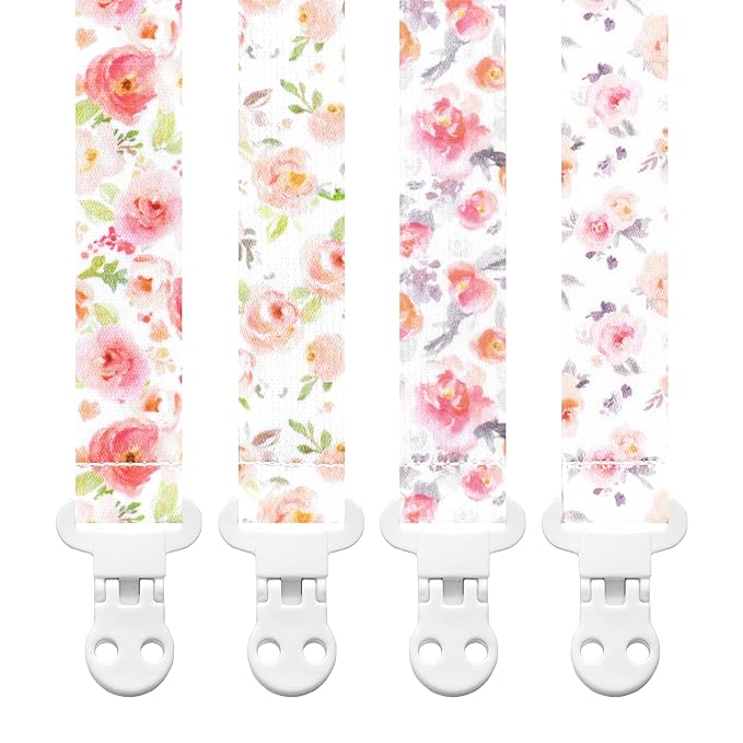 Stadela Baby Pacifier Clip Holder - Girl 4 Pack Gift Set – Vintage Rose Flowers Floral Pink, Coral, Green, Gray, Blush