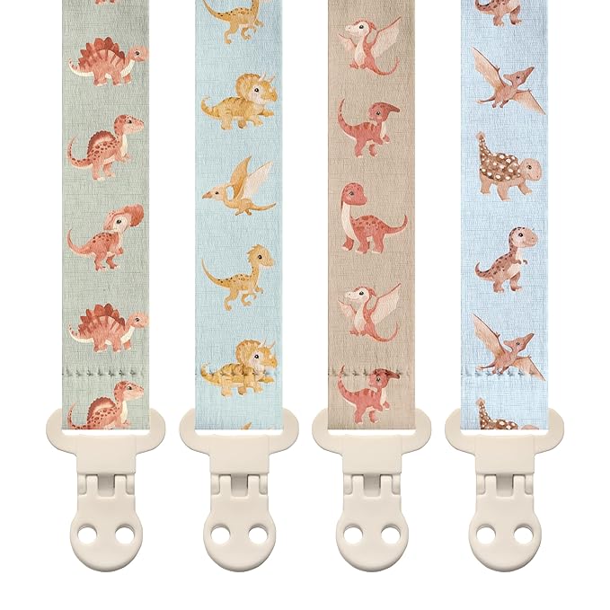 Stadela Baby Fabric Pacifier Clip Holder, Plastic Clip, 4‑Pack, Dinosaur Pattern, Dinomite Set