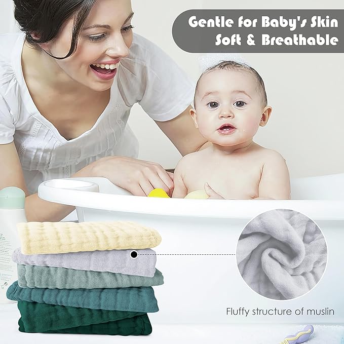 12 Pack Muslin Washcloths for Baby - 100% Cotton Baby Wash Cloths for or Baby Face Body Comfy and Soft for Newborn Infants Kids Girls and Boys - 12"x12" - Ivory, Slate and Emerald Series
