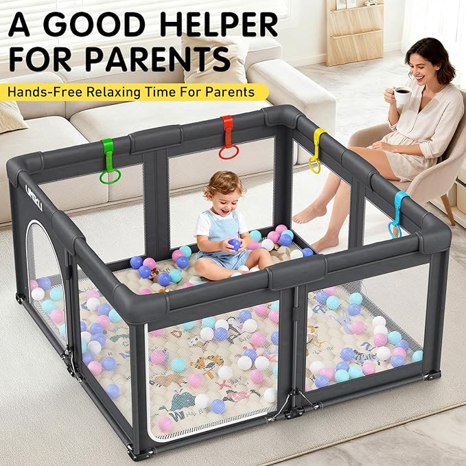 Baby Playpen with Mat, Foldable Playpen for Babies and Toddlers Large Playpens 2 Doors Play Yard Indoor Outdoor Activity Center Game Fence Safety Area Play Pen for Babies 6-12 Months 50"X50" Dark Grey
