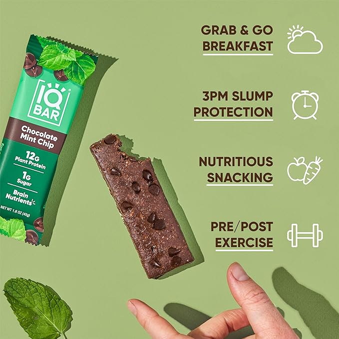 IQBAR Brain and Body Clean Plant Protein Bars - Chocolate Mint Chip - 24 Bars - Keto, Vegan, High Fiber, Gluten and Dairy Free, Low Sugar Snack with Nutrients for Focus, Energy, Meal Replacement