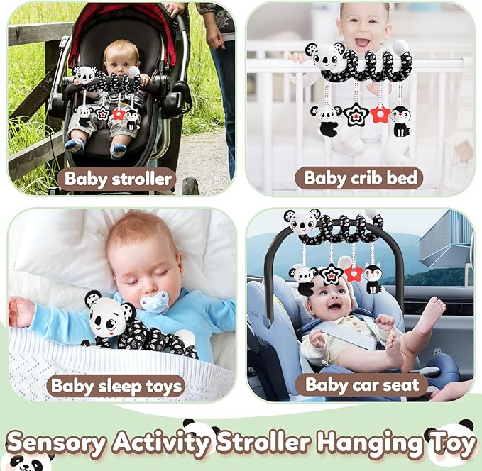 Baby Carseat Toy Black & White Rattle Spiral Hanging Activity Stroller Toy for Newborns Boys and Girls - Koala