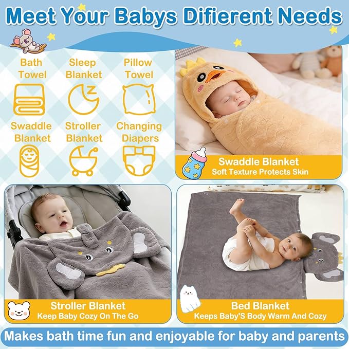 8 Pcs Toddler Towel Set, 2 Pcs Hooded Toddler Bath Towel, Large 55" x 27.5" Toddler Hooded Towel & 6 Pcs Baby Washcloths for Boy Girl 0-5 Year, Soft Gift for Babies, Infant, Newborn Essential