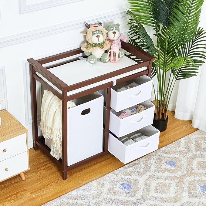 Wooden Baby Changing Table, Modern Diaper Changing Table, Infant Diaper Station Dresser with Laundry Hamper, 3 Drawer Basket- Storage Organizer for Baby Clothes, Diapers & Toys