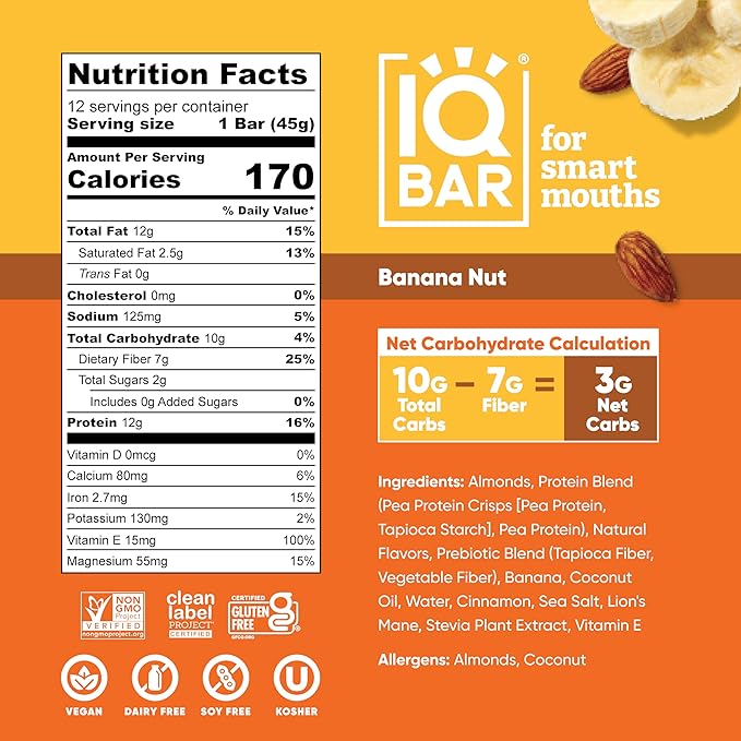 IQBAR Brain and Body Clean Plant Protein Bars - Banana Nut - 36 Bars - Keto, Vegan, High Fiber, Gluten and Dairy Free, Low Sugar Snack with Nutrients for Focus, Energy, Meal Replacement