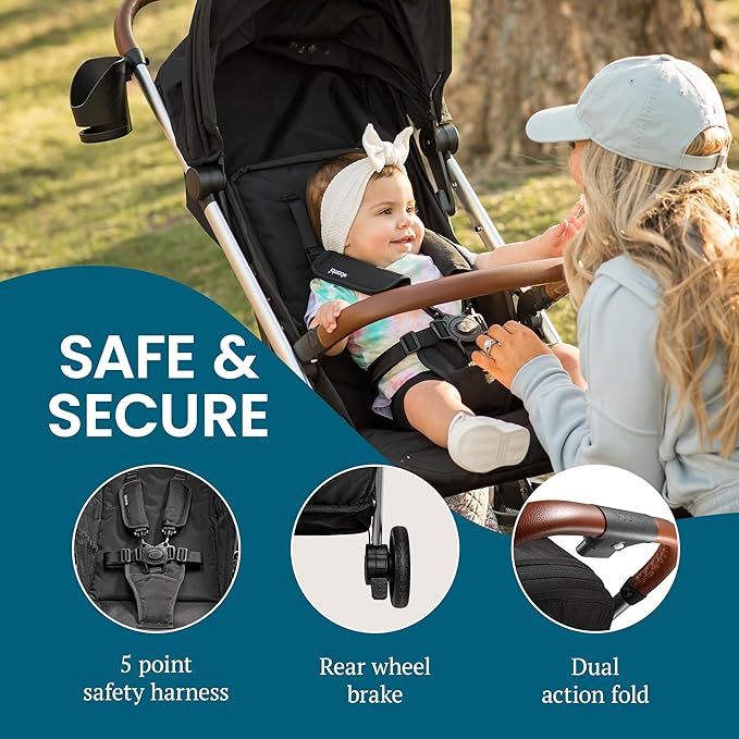 Bombi Bēbee V2 Lightweight Baby Stroller - Premium Vegan Leather, One-Hand Fold, Infinite Recline, Aircraft-Grade Aluminum Frame, XXL Canopy, and Ample Storage Umbrella Stroller - Midnight Black