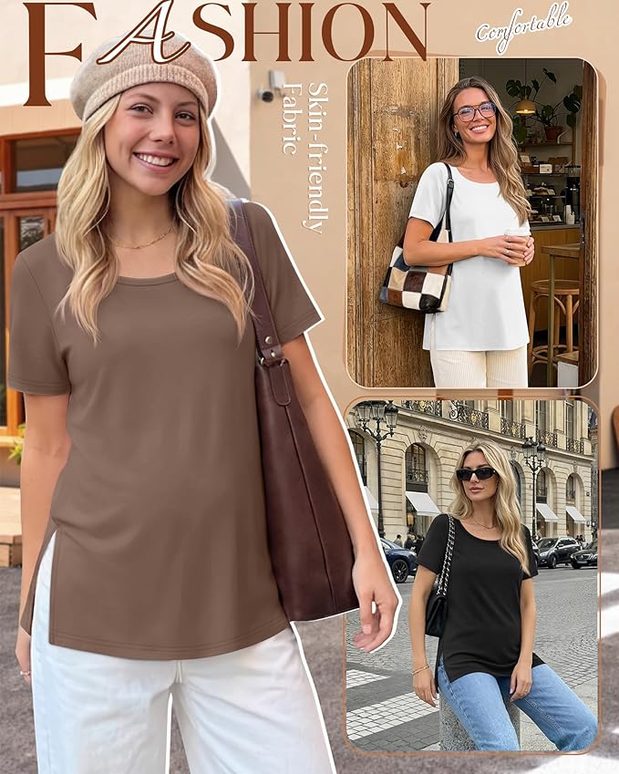 3 Pack Women's Maternity Shirts Short Sleeve Round Neck Side Split Pregnancy Tops Loose Summer Casual Mama Clothes