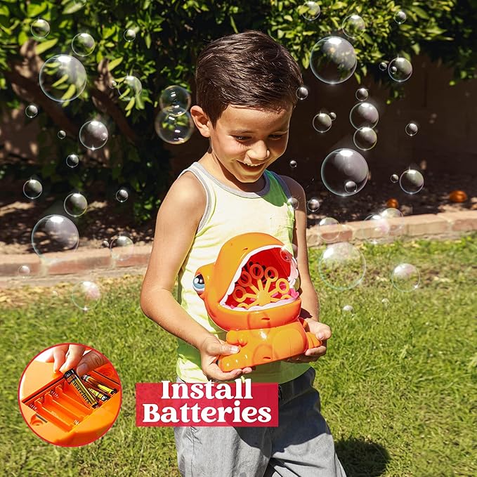 JOYIN Dinosaur Bubble Machine, Bubble Blower with Solutions for Kids, Summer Outdoor Indoor Toy, Dinosaur Party Favor, Kids Birthday Gift (Orange)
