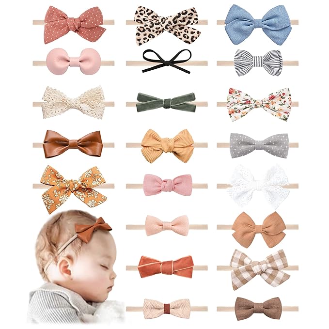 Jesries 21 PCS Baby Headbands and Bows Hairbands Soft Nylon Elastics Handmade Girls Hair Accessories for Newborn Babies Infant Toddlers Kids