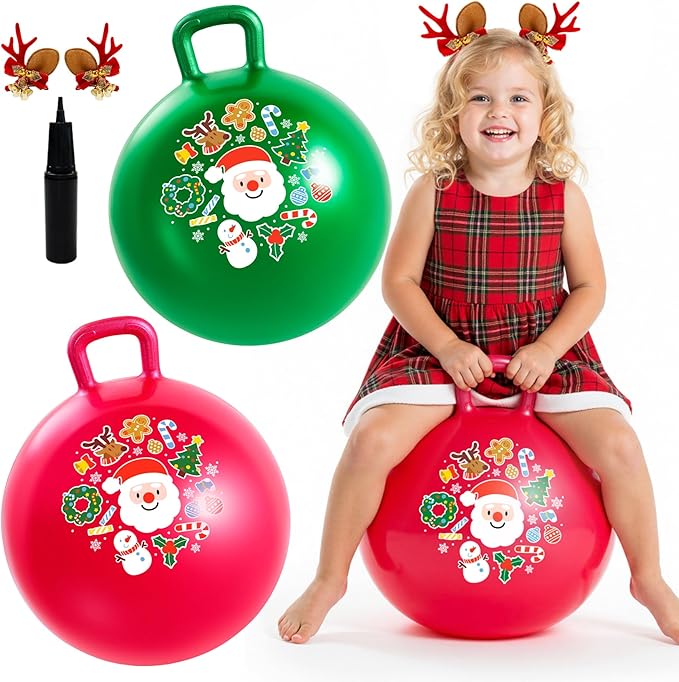 EVERICH TOY 2-Pack Hopper Ball for Kids 18In Sit On Bouncy Ball with Handle with Christmas Reindeer Ears, The Top Green & Red Christmas Boys Girls Gifts for 4 5 6 7 8 Yr Old Indoor Outdoor Active Play