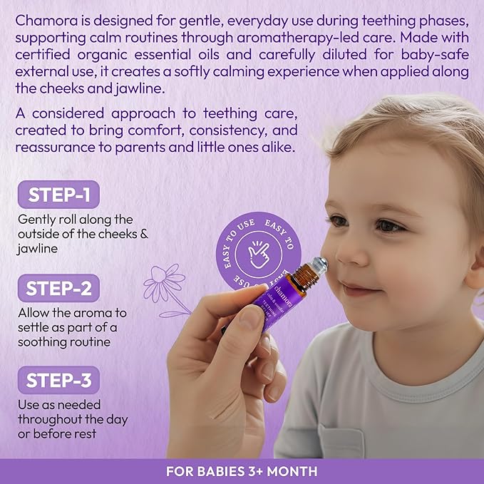 Organic Baby Teething Relief Roller for Babies 3 Months+ | Natural Gum Soothing Oil with Chamomile, Lavender, Frankincense & Jojoba | Teething Pain Relief