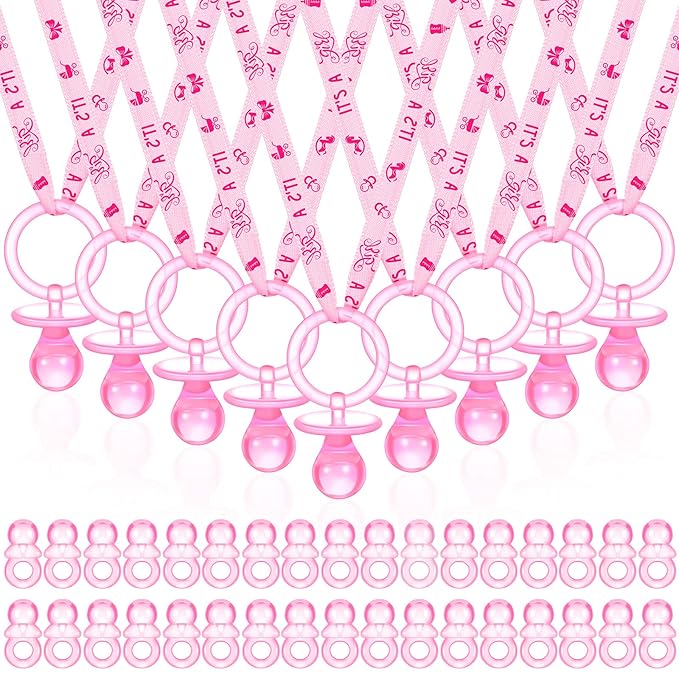 74 Pieces Baby Shower Pacifiers 24 Necklace Acrylic Plastic Pacifiers Baby Shower Game 50 Mini Plastic Charm Bulk for Party Decorations Games Table Scatter(Pink)