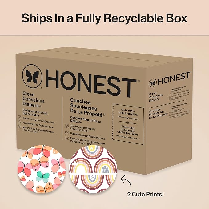 The Honest Company Comfort Dry Disposable Diapers for Sensitive Skin, Hypoallergenic, Wingin' It + Catching Rainbows, Super Club Box Size 5 (27 lbs) 84 Count