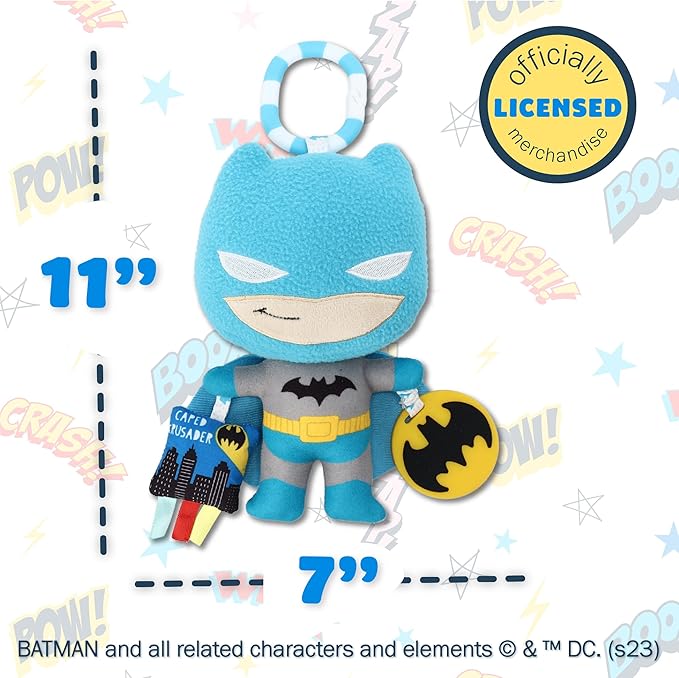 Kids Preferred DC Comics The Batman Multi Sensory Activity Toy with Teethers, Crinkle Textures, and Clip for On The Go Fun for Infant and Baby Boys and Girls, Medium