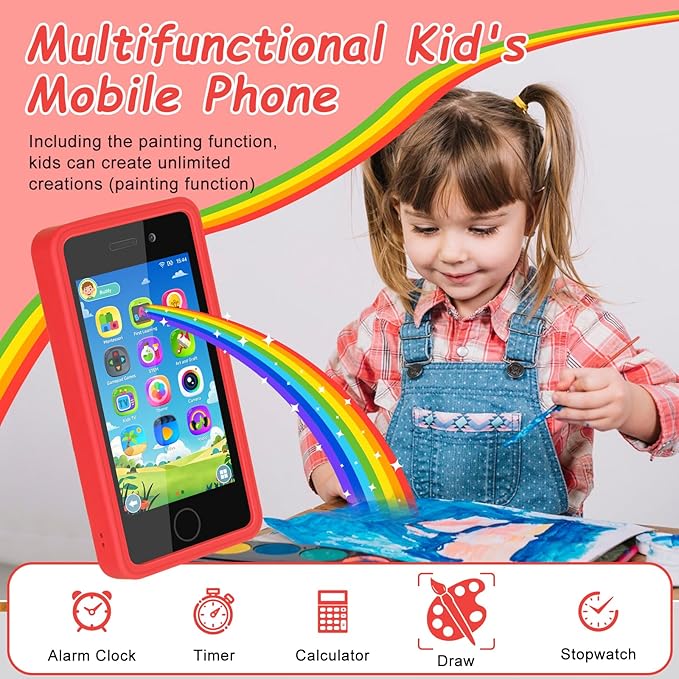 3.97" Touchscreen Kids Toys Smart Phone, Kids Phone with Games & Dual Camera, Toddler Toys Phone, Boys and Girls Learning Toy Phone for 3-9 Years Old (Red)
