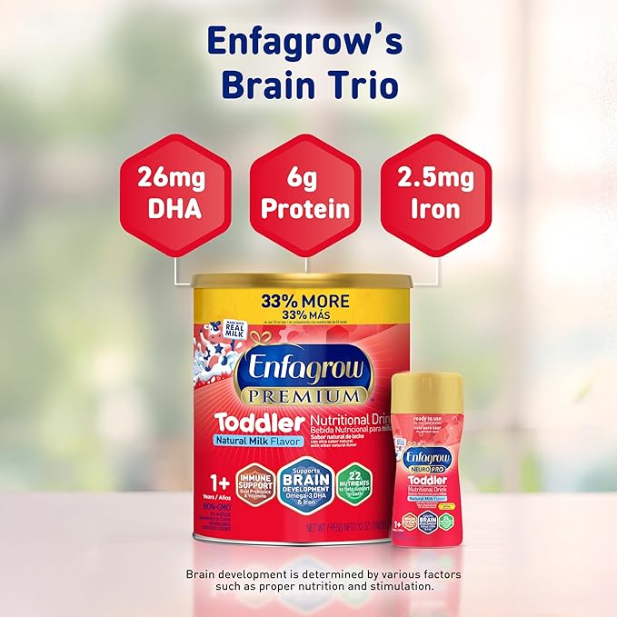 Enfagrow Premium Toddler Nutritional Drink, Made with Real Milk, Brain-Building Omega-3 DHA, Nutrients and Prebiotics for Growth & Immune Support, Non-GMO, Toddler Milk Powder, 32 Oz Can (Pack of 2)