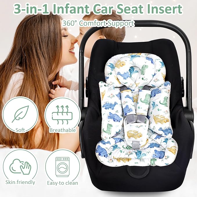 TANOFAR Infant Car Seat Insert with Removable Cushion for Baby Boys, Reversible Newborn Carseat Insert for Baby Head Body Support, Fits for Stroller, Baby Swing, Bouncer (Dinosaur)