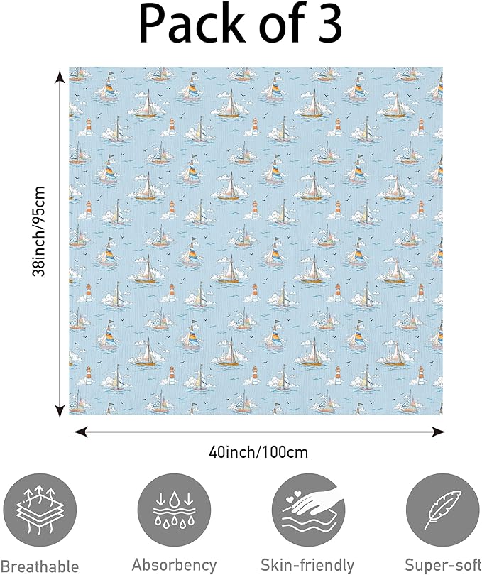 Muslin Swaddle Blankets for Newborn, 3 Pack Breathable Soft Receiving Blanket, Large 38 x 40 inches Swaddle Wrap Burping Clothes, Essentials Infant Shower Items, Toddler Gift (Blue Sea)