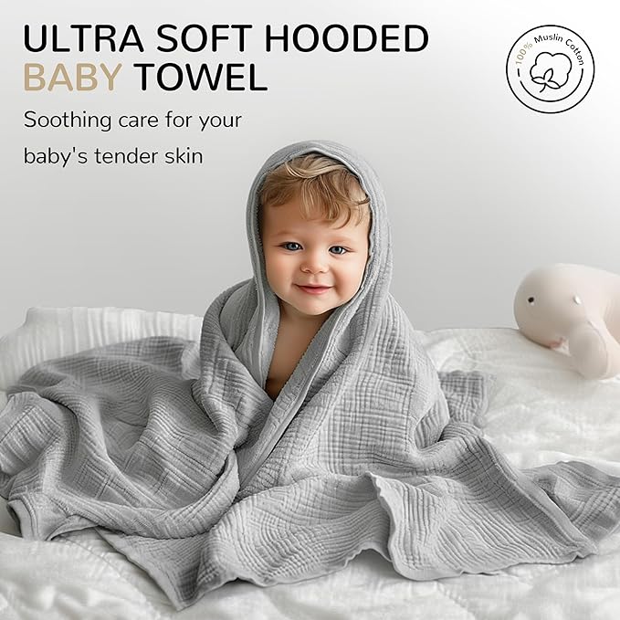 Muslin Hooded Baby Towels, 3 Pack Cotton Baby Bath Towels with Hood for Newborn, Babies, Infant, Toddler, Soft and Absorbent Baby Shower Towel Newborn Essential (35 X 35 Inch) (Green + Grey + Apricot)