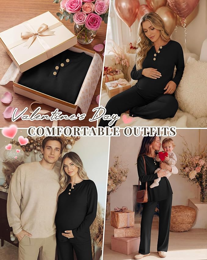 2 Piece Thermal Maternity Lounge Set Postpartum Pregnancy Fleece Loungewear Long Sleeve Top and Wide Leg Pant