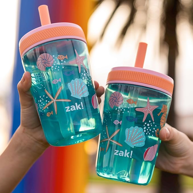 Zak Designs Kelso 15 oz Tumbler Set, (Shells) Leak-Proof Screw-On Lid with Straw Made of Durable Plastic and Silicone, Perfect Cup Bundle for Kids (2pc Set)