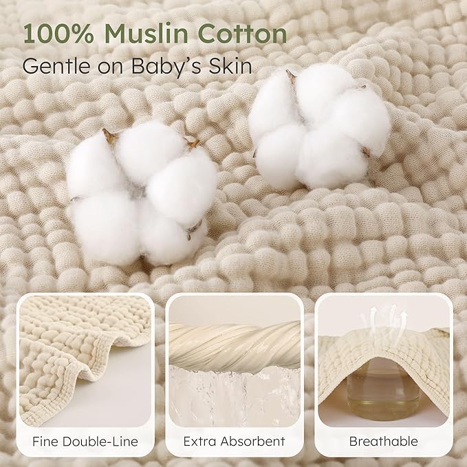 Looxii Baby Bath Towels 2 Pack Muslin Hooded Baby Towels for Newborn and Infants, 100% Cotton, Large 32x32Inch, Soft and Absorbent Beige+Green