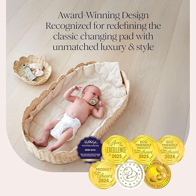 Bebe Bask Premium Baby Changing Basket - Artisan-Crafted Scalloped Rattan - Changing Basket for Baby Dresser - All Accessories Included - Complete Set for Nursery (Natural) | Premium, Artisan-Crafted, Changing Basket, Baby Dresser, Complete Set