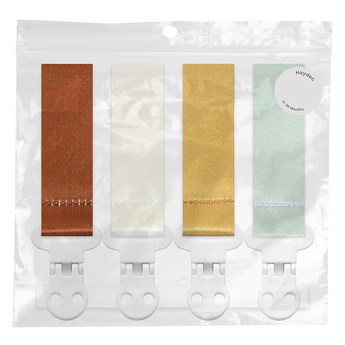 Stadela Baby Pacifier Clip Holder - Girl or Boy Unisex 4 Pack Gift Set – Boho Modern Neutral Brown Yellow White Sage Green Solid Colors (Hayden)
