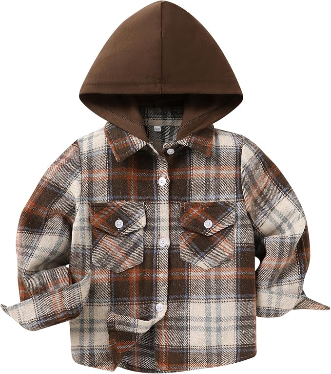 YOUNGER STAR Toddler Kids Boys Girls Flannel Hooded Plaid Shirt Button Baby Red Clothes