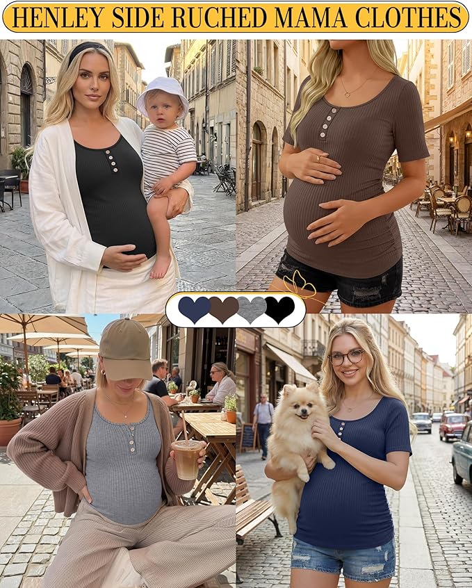4 Pack Womens Maternity Shirts Scoop Neck Cotton Short Sleeve Ribbed Pregnancy Top Henley Side Ruched Mama Clothes