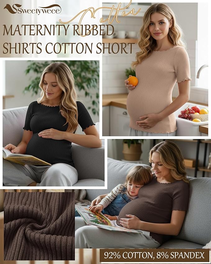 3 Pack Women's Maternity Ribbed Shirts Cotton Short Sleeve Pregnancy Tops Boat Neck Lettuce Trim Mama Clothes