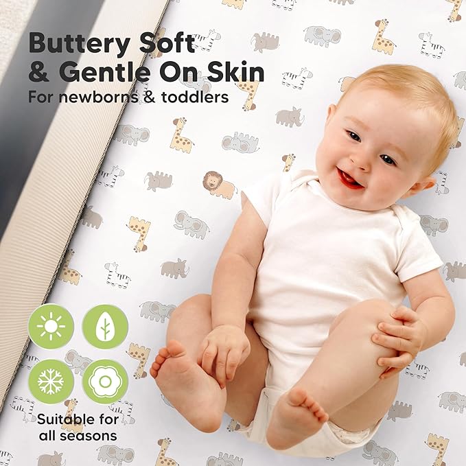 2-Pack Waterproof Pack and Play Sheets, Mini Crib Sheets Fitted for Boy, Girl - 38 x 26 Viscose from Bamboo Pack N Play Mattress Sheets for Graco, Toddler Playard Baby Crib Sheets Neutral (KeaSafari)