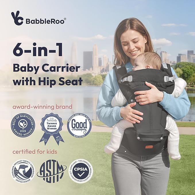 BabbleRoo Grow Carrier – Safety-Certified 6-in-1 Toddler & Baby Carrier with Hip Seat, Ergonomic & Adjustable Toddler Carrier 7-50 lbs with Hip Support, Hood for Sun Protection, Newborn to Toddler